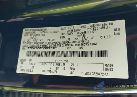 2019 Ford F-150 Xlt из США, поврежденный, VIN 1FTEW1CP2KKF26978